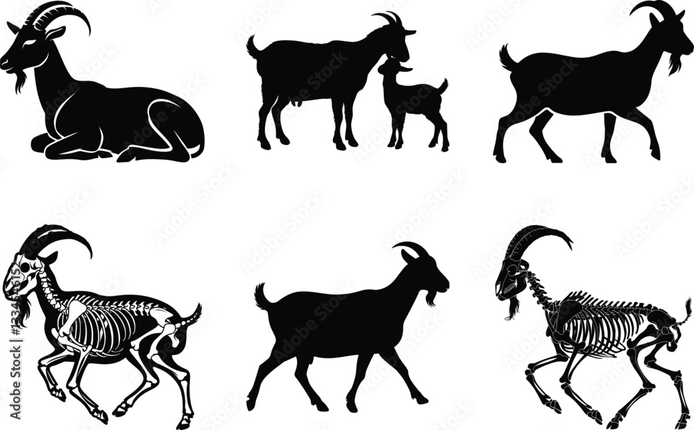 Fototapeta premium Minimalistic goat silhouette clipart SVG bundle design, A stunning black isolated on white background collection of various goat silhouettes. Perfect for farm, nature, and animal-themed designs