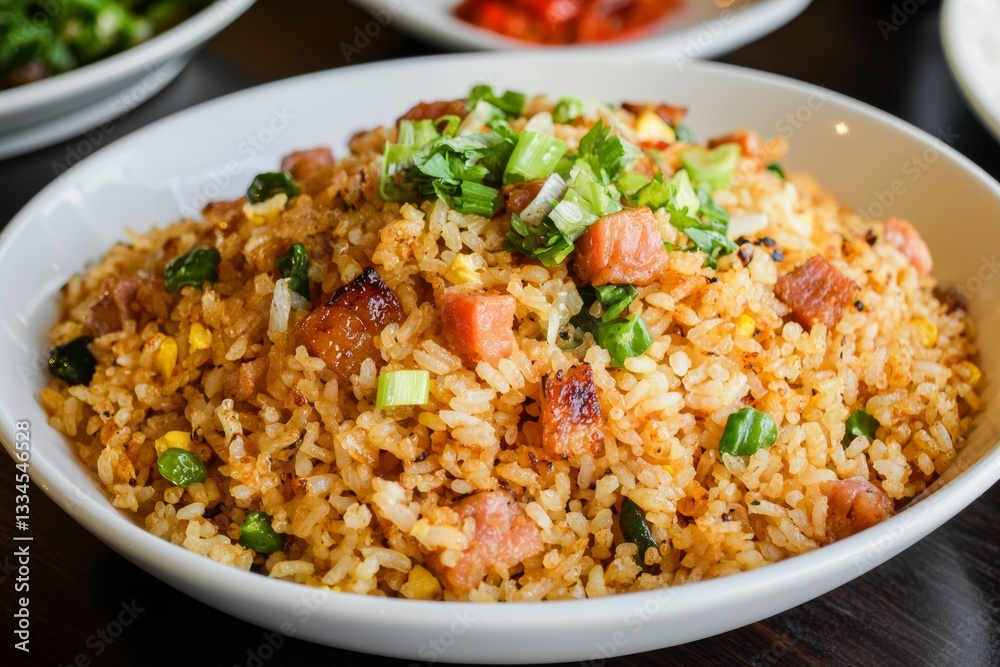 Delicious and colorful fried rice with mixed ingredients served on white plate, close up food photography, restaurant dish Delicious and colorful fried rice with mixed ingredients served on white plate, close up food photography, restaurant dish