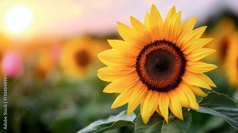 Obraz premium Vibrant Sunflower Bloom in a Beautiful Field at Sunset with Soft Natural Light