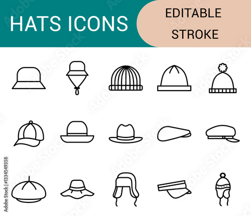 hats icon set, icon, icons, line icon, sign, symbol of fashion item. fedora hat, bucket hat, beanie hat, bobble hat, baseball cap, ascot hat, burton hat, beret, floppy hat, trapper hat, half hat