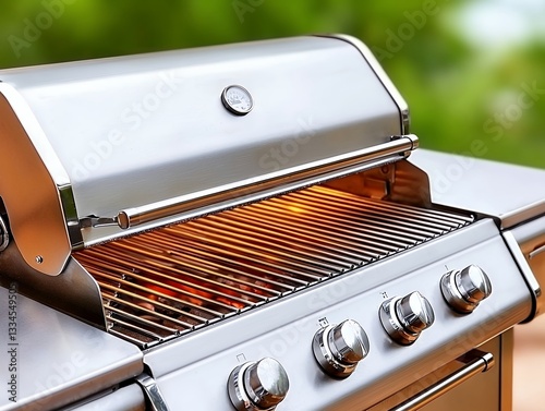 Stainless Steel Gas Grill with Glowing Burners Outdoors