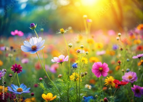 Miniature Wildflower Meadow, Delicate Spring Blooms, Tilt-Shift Photography
