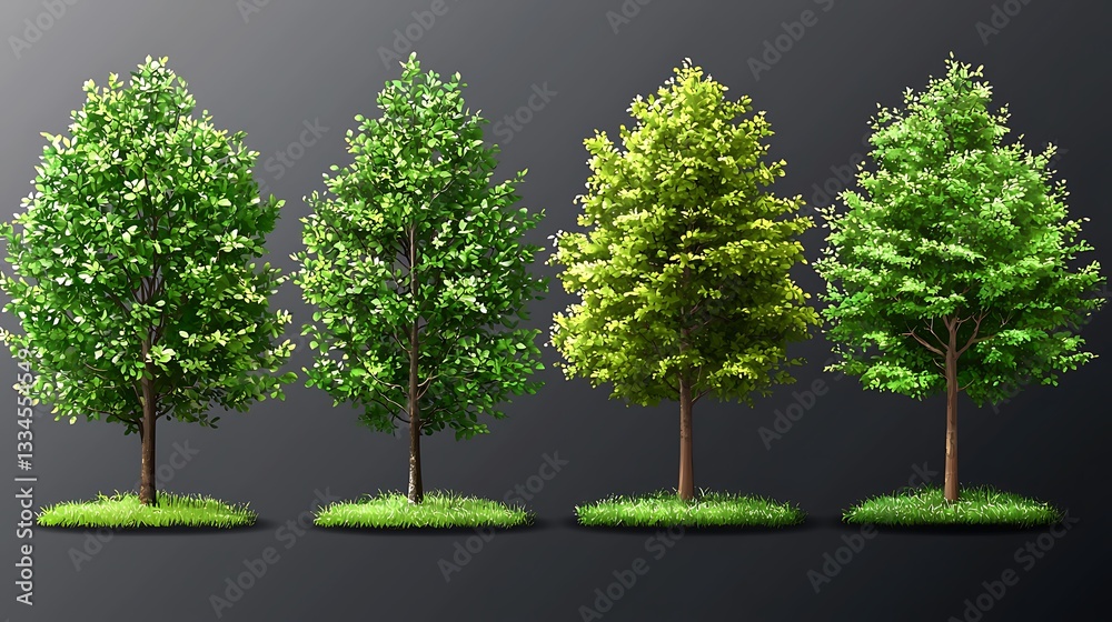 Obraz premium Four Different Types of Green Trees Displayed on a Gray Background