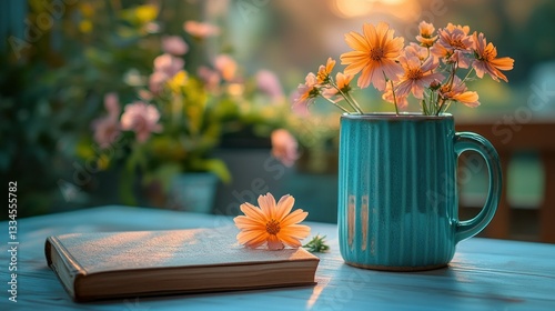 Fototapeta Naklejka Na Ścianę i Meble -  A serene scene orange flowers in a teal mug beside a book on a sunlit table
