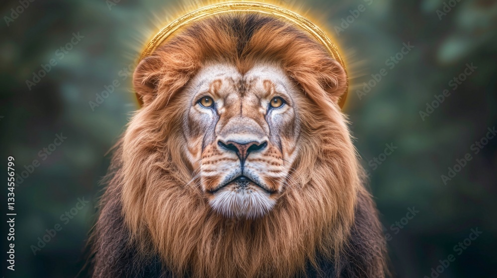 Naklejka premium Majestic Lion with Golden Halo Strength Power Wildlife Faith