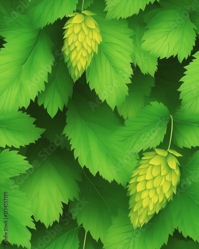 A bunch of soft hops leaves with deeply serrated edges showcasing their green color in natural daylight