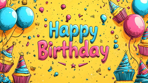 Cheerful Comic Pop Art Happy Birthday Card Design Featuring Party Elements on a Yellow Background