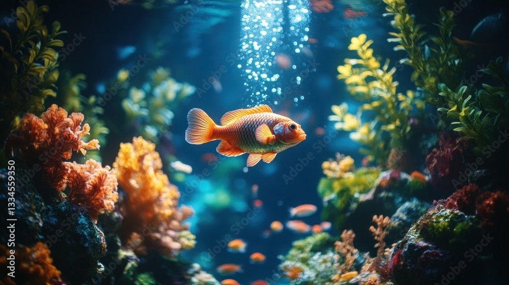 Fototapeta premium Vibrant orange fish in aquarium, bubbles rising, coral reef background