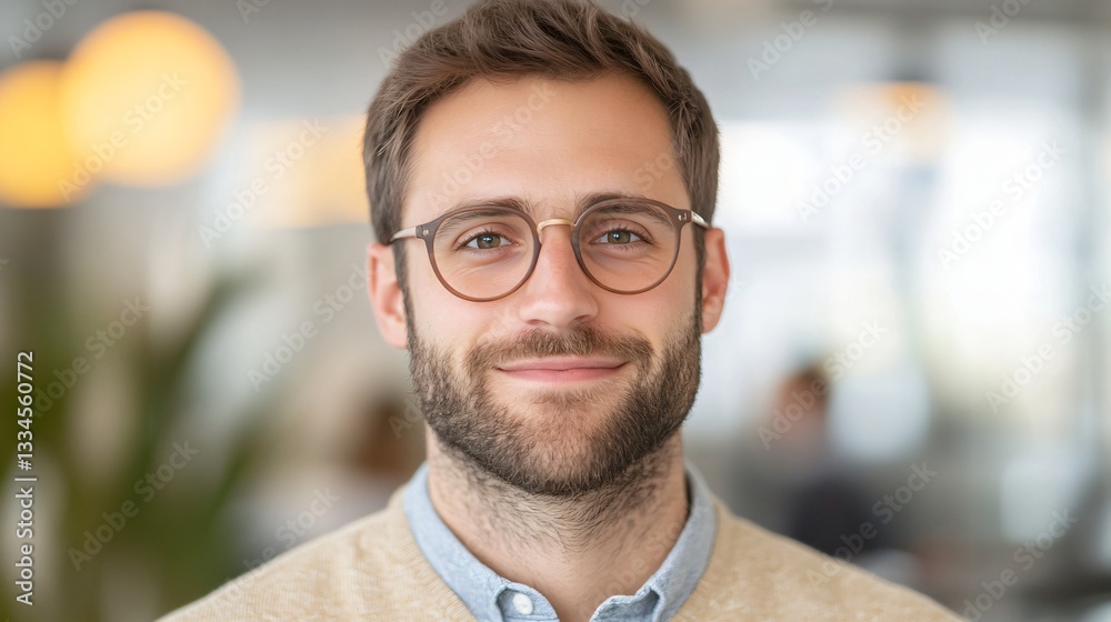 Smiling young man in glasses, casual attire, modern workspace background, friendly atmosphere, ideal for professional profiles. Smiling young man in glasses, casual attire, modern workspace background, friendly atmosphere, ideal for professional profiles.