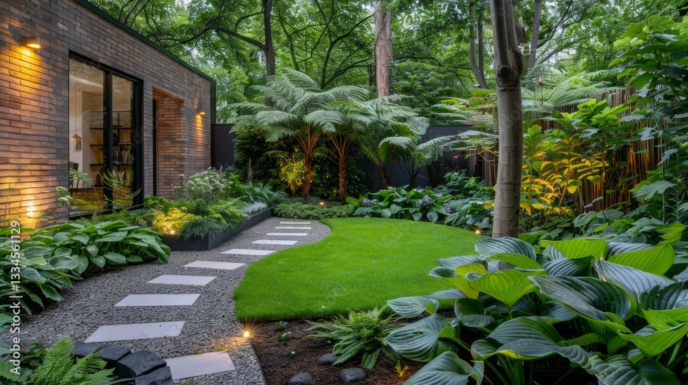 Lush Contemporary Garden with Ferns and Hostas under Mature Trees with Hidden LED Path Lush Contemporary Garden with Ferns and Hostas under Mature Trees with Hidden LED Path