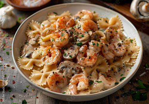 Delicious creamy shrimp and mushroom farfalle pasta served in a white bowl on a rustic wooden table, beautifully garnished with fresh parsley and spices, a gourmet Italian seafood dish for dinner