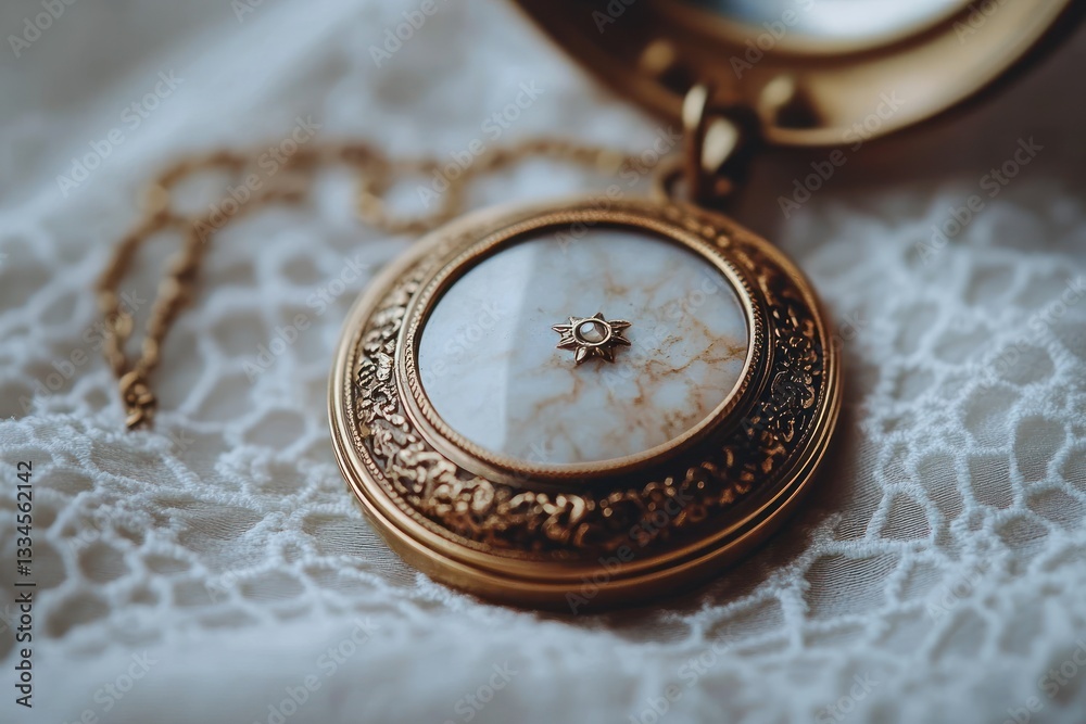 Antique gold locket on delicate lace fabric illuminated by soft natural light showcasing intricate craftsmanship and nostalgic allure Antique gold locket on delicate lace fabric illuminated by soft natural light showcasing intricate craftsmanship and nostalgic allure