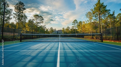 A paddle tennis court with well-defined lines, a taut net, and a peaceful outdoor setting.