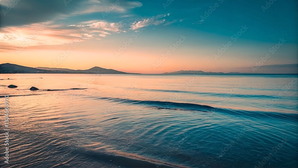 Obraz premium A serene image of a calm azure sea at dusk with a gentle wave rolling in.