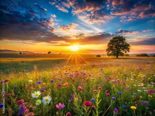 Minimalist Sunset: Wildflower Field at Golden Hour