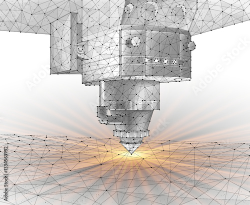 Laser cutting metal isolated on white. Additive manufacturing, precision engineering.