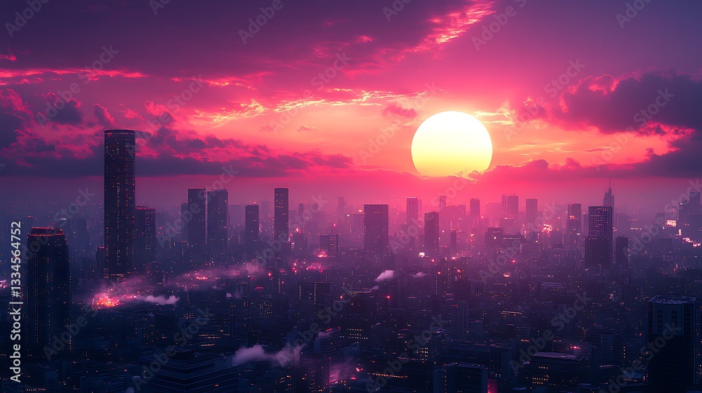 Fototapeta premium Futuristic city skyline pink sunset high resolution photo