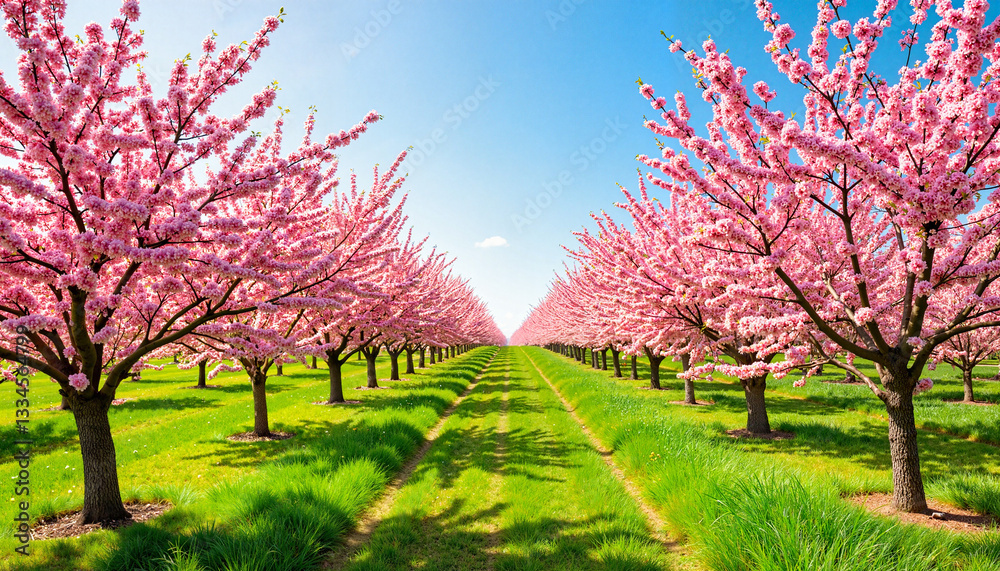 Vibrant orchard blossoms under clear blue sky, spring beauty Vibrant orchard blossoms under clear blue sky, spring beauty