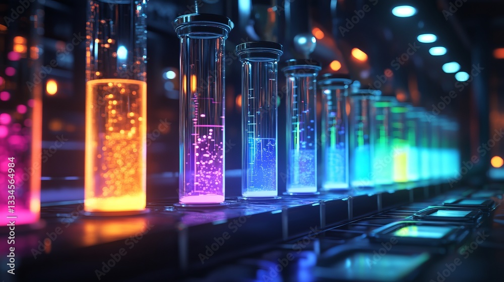 Fototapeta premium Colorful science experiment showcasing glowing test tubes filled with various liquids in a laboratory setting during evening hours