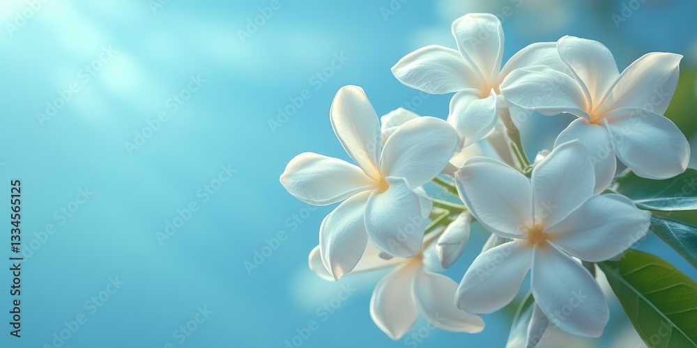 Naklejka premium Beautiful white flowers bloom against a serene blue background in a natural setting during daylight