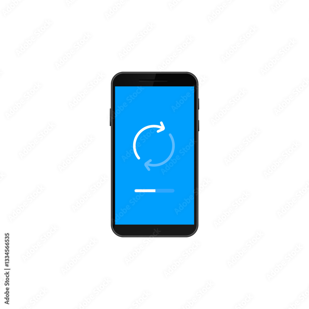 A smartphone shows an update icon and progress bar. the screen is blue and indicates loading status. A smartphone shows an update icon and progress bar. the screen is blue and indicates loading status.