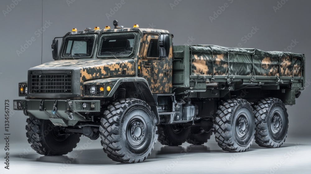 Military off-road truck parked in a studio, showcasing a camo design and robust structure with large tires Military off-road truck parked in a studio, showcasing a camo design and robust structure with large tires