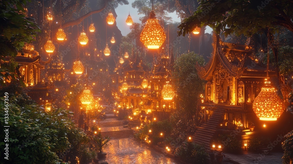 Obraz premium Mystical Asian temple lanterns night river scene
