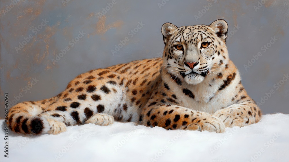 Obraz premium Majestic Leopard Relaxing on Soft White Surface with Neutral Background for Art Display