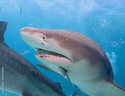 Close-up of Lemon shark in clear blue water.