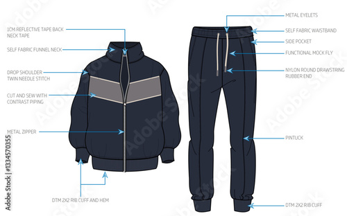 Men's Athleisure tracksuit apparel technical tech pack.