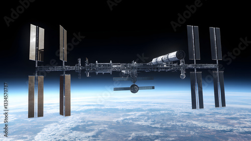 Fototapeta Naklejka Na Ścianę i Meble -  A futuristic space station orbiting a distant exoplanet with solar panels and docking ports