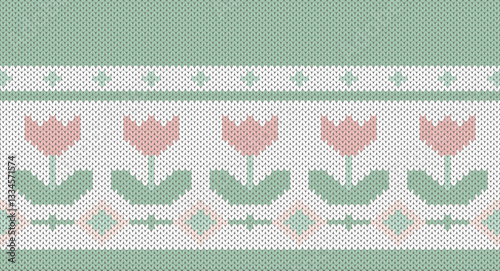 Pink tulip and green line knitted pattern, Festive Sweater Design. Seamless Knitted Pattern