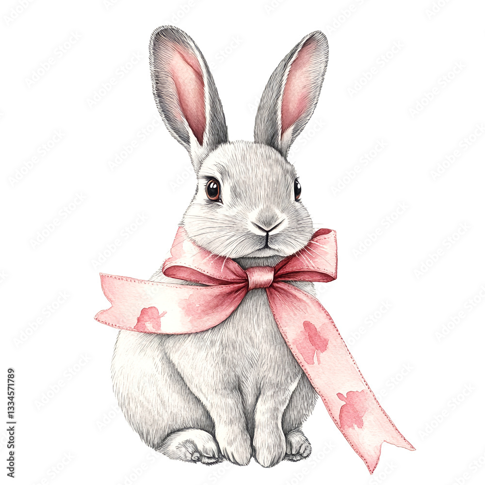 Obraz premium A pencil drawing of a white rabbit with pink ribbon around its neck.