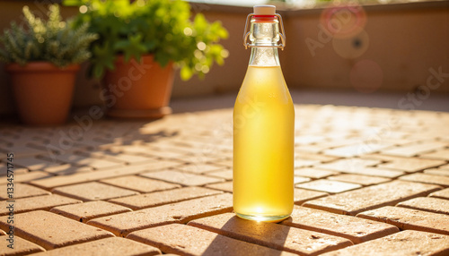 Lemonade bottle casting long shadow on sunlit patio, summer refreshment