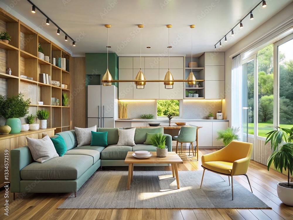 Fototapeta premium Modern Open Plan Kitchen Living Room Interior Design 3D Visualization - Stylish Contemporary Home