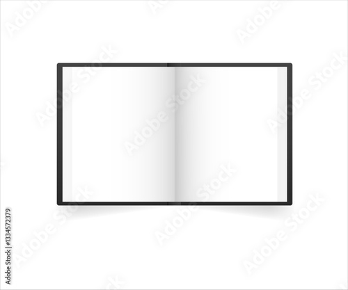 Vector mockup of hardcover book spread isolated. Realistic vertical book, brochure or booklet template opened on white background. Vector realistic illustration.
