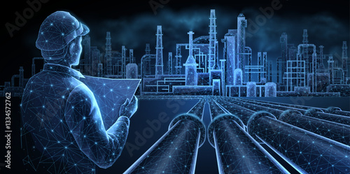 Engineer stands in front of an oil factory. Gas pipeline, crude oil, power industry.