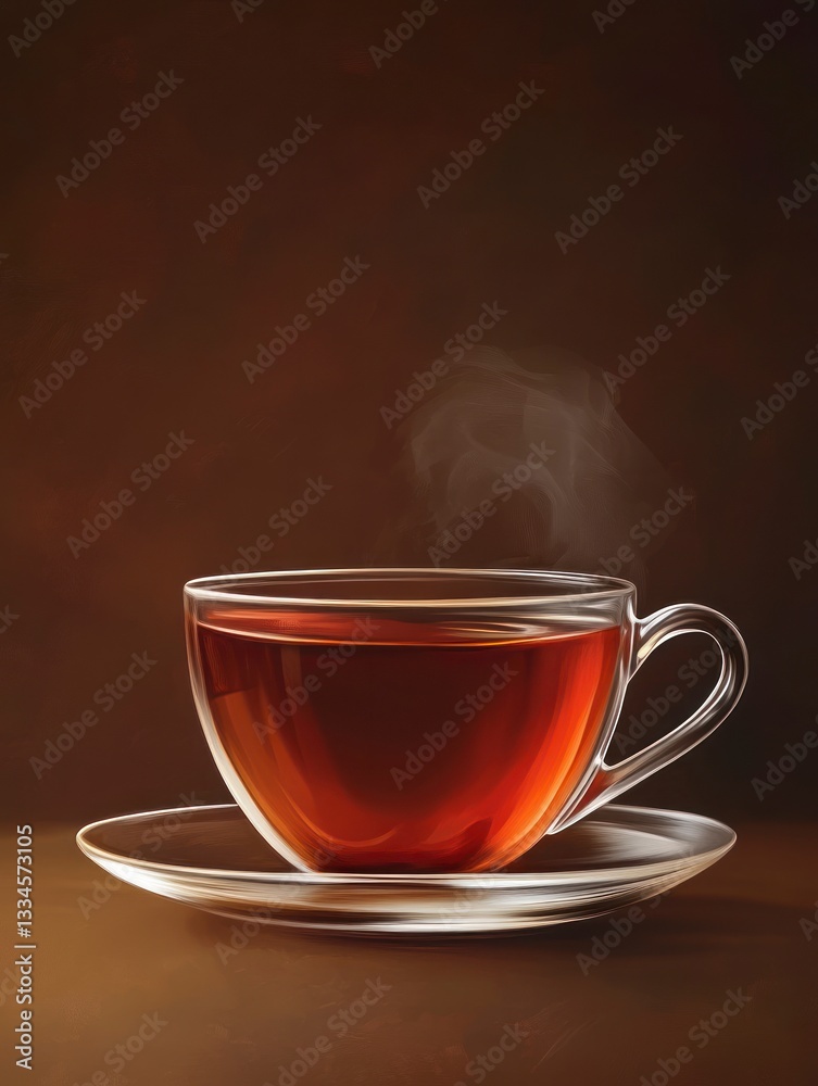 Hot Tea in a Clear Glass Cup Steaming with Warm Brown Background