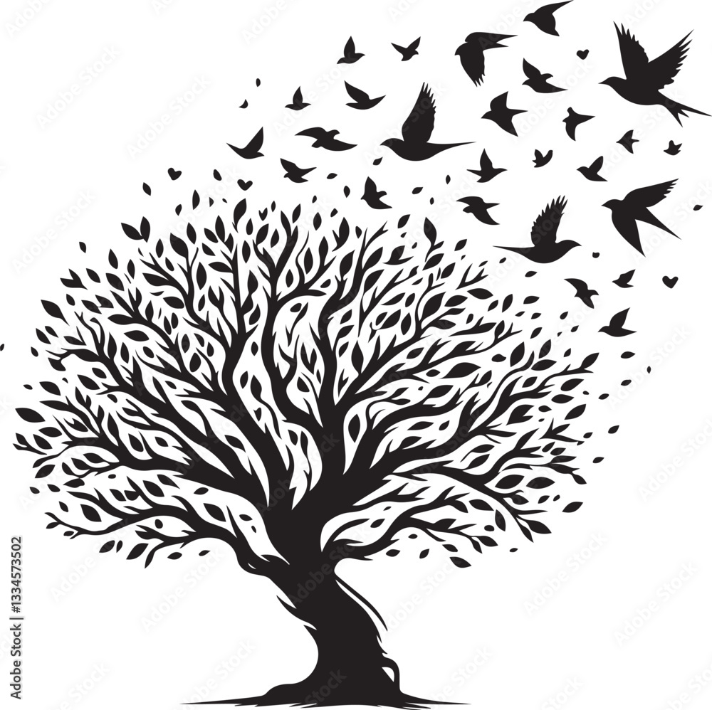 Naklejka premium Tree and Bird Silhouette Vector Bundle | Nature-Inspired Premium Design Pack