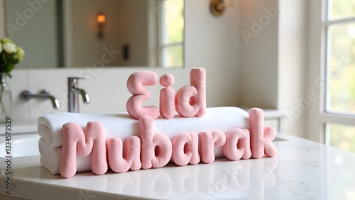 Soft and Cozy Eid Mubarak Towel Art – Creative Interior Decor Concept. photo