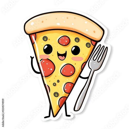 Cute smiley pizza slice holding a fork cartoon sticker character wearing sunglasses illustration drawing, white background	