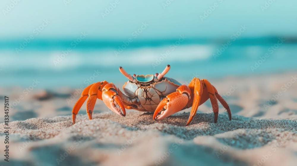 Orange Crab on Sandy Beach with Ocean Waves in Background Orange Crab on Sandy Beach with Ocean Waves in Background