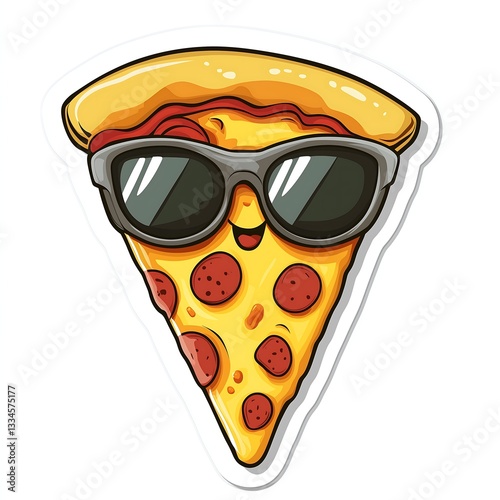 Cool cartoon sticker slice of melting cheesy pizza character wearing sunglasses illustration drawing, white background	