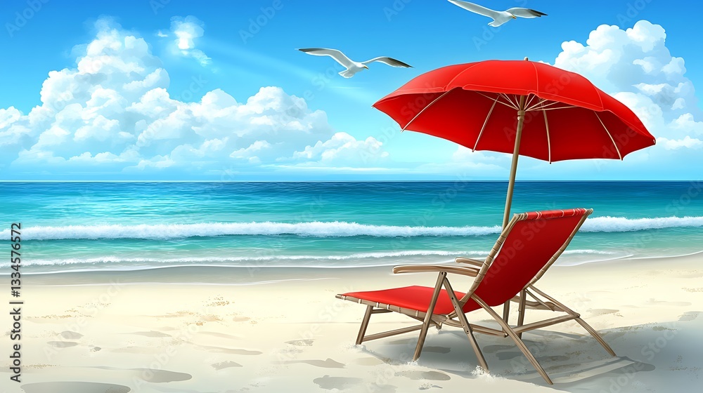 Serene beach escape with chair, umbrella, and soaring seagulls illustration Serene beach escape with chair, umbrella, and soaring seagulls illustration