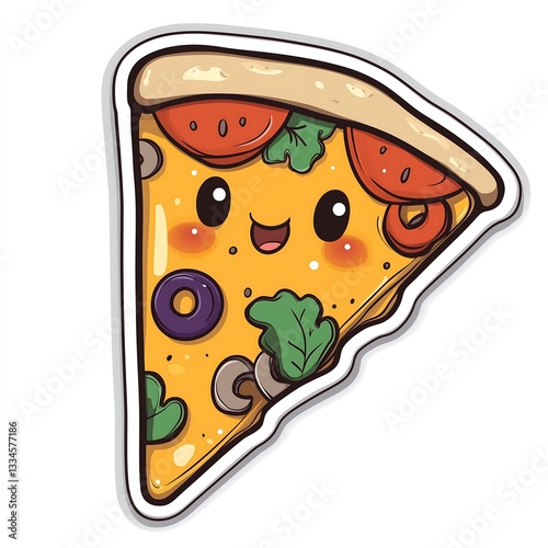 cute smiley happy cartoon sticker slice of melting cheesy peperoni olive pizza character fast food illustration drawing, white background	
