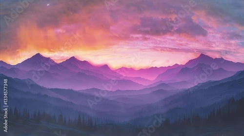 A breathtaking sunset over layered mountain peaks, bathed in shades of purple, pink, and orange. Seamless looping 4k time-lapse virtual video animation background. Generated AI