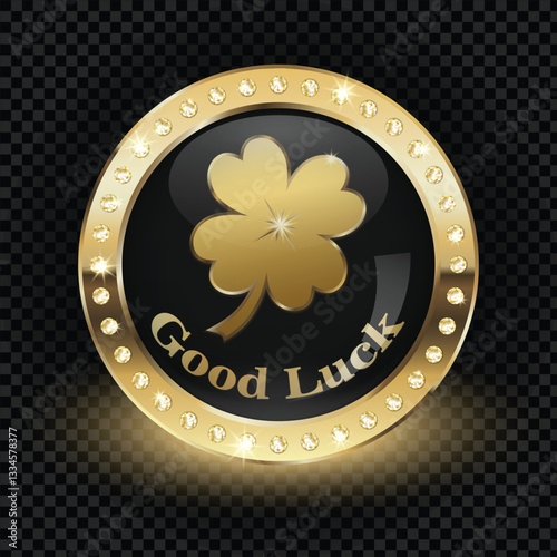 Realistic luxury Good luck golden badge with four leaf clover and diamonds, vector (EPS) illustration on transparent background