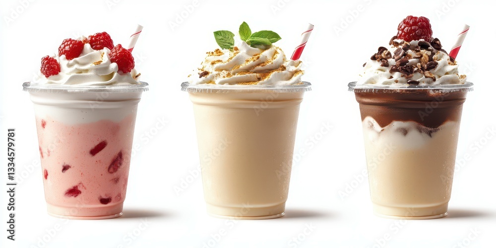 Refreshing milkshakes with toppings served in clear cups against a white background Refreshing milkshakes with toppings served in clear cups against a white background