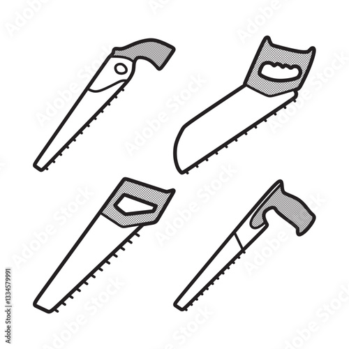 four hand saws for cutting wood, simple black and white line art
