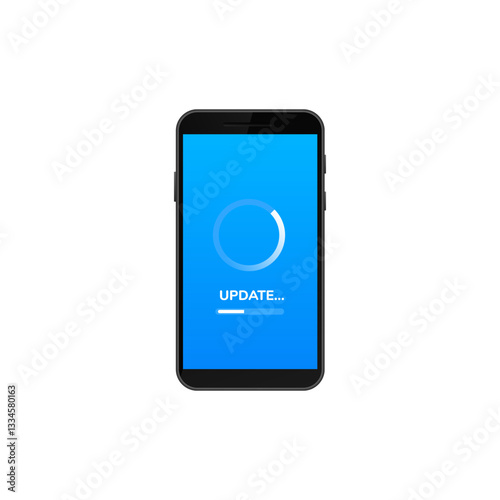 Smartphone shows a blue screen with a loading animation, indicating software update progress.